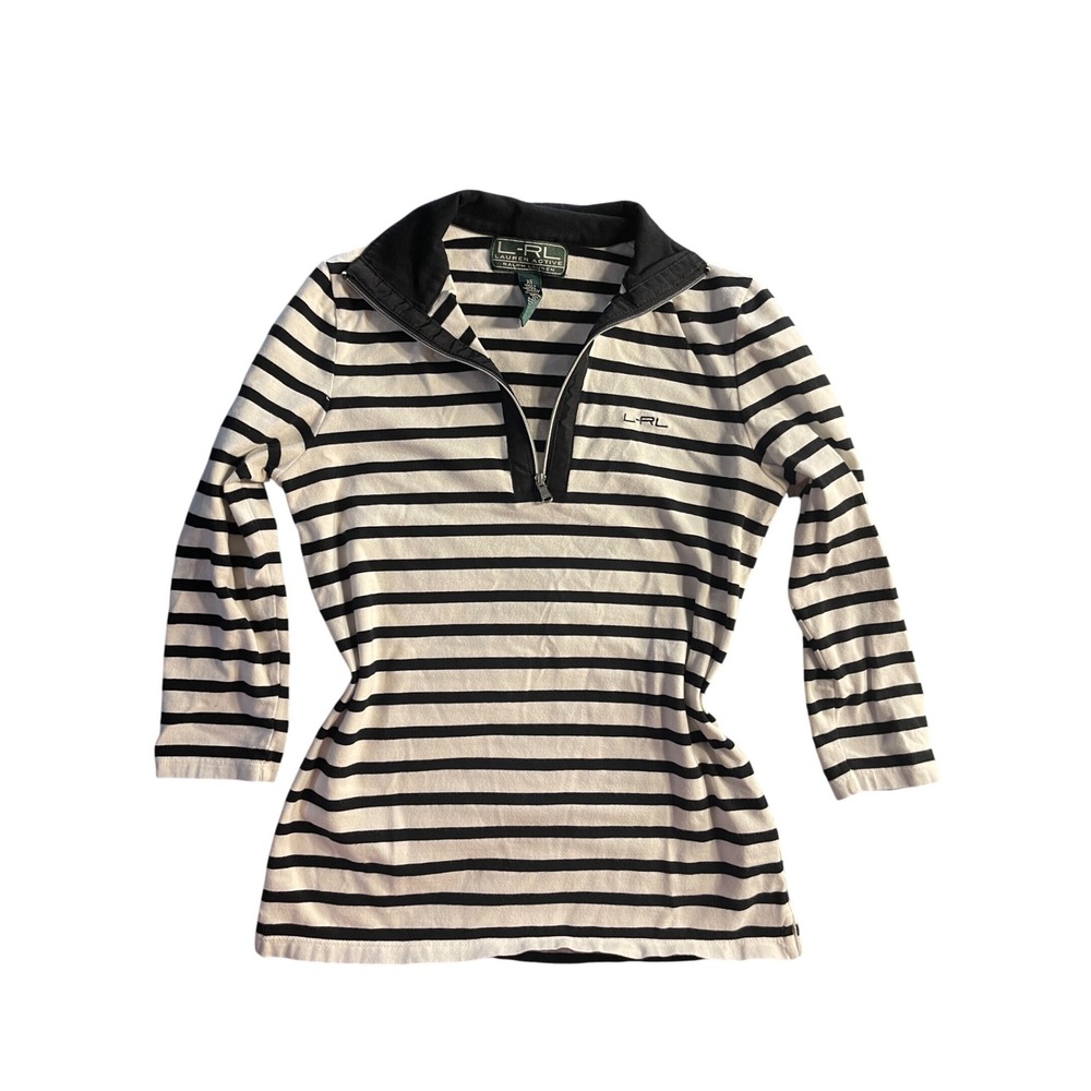 LRL Lauren Active Striped 3/4 Sleeve Pullover‎ Top, Black and White